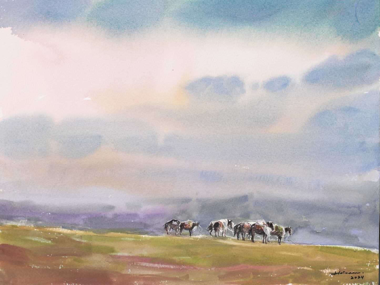 《草原上的⾺群》 Horses on the Grassland